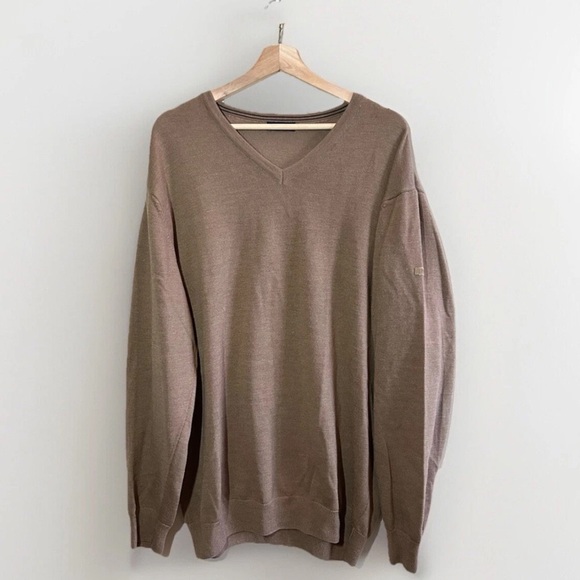 BRAX Feel Good Mens Merino Wool V Neck Sweater Size XL Tall - Brown Modern Fit - Picture 1 of 9
